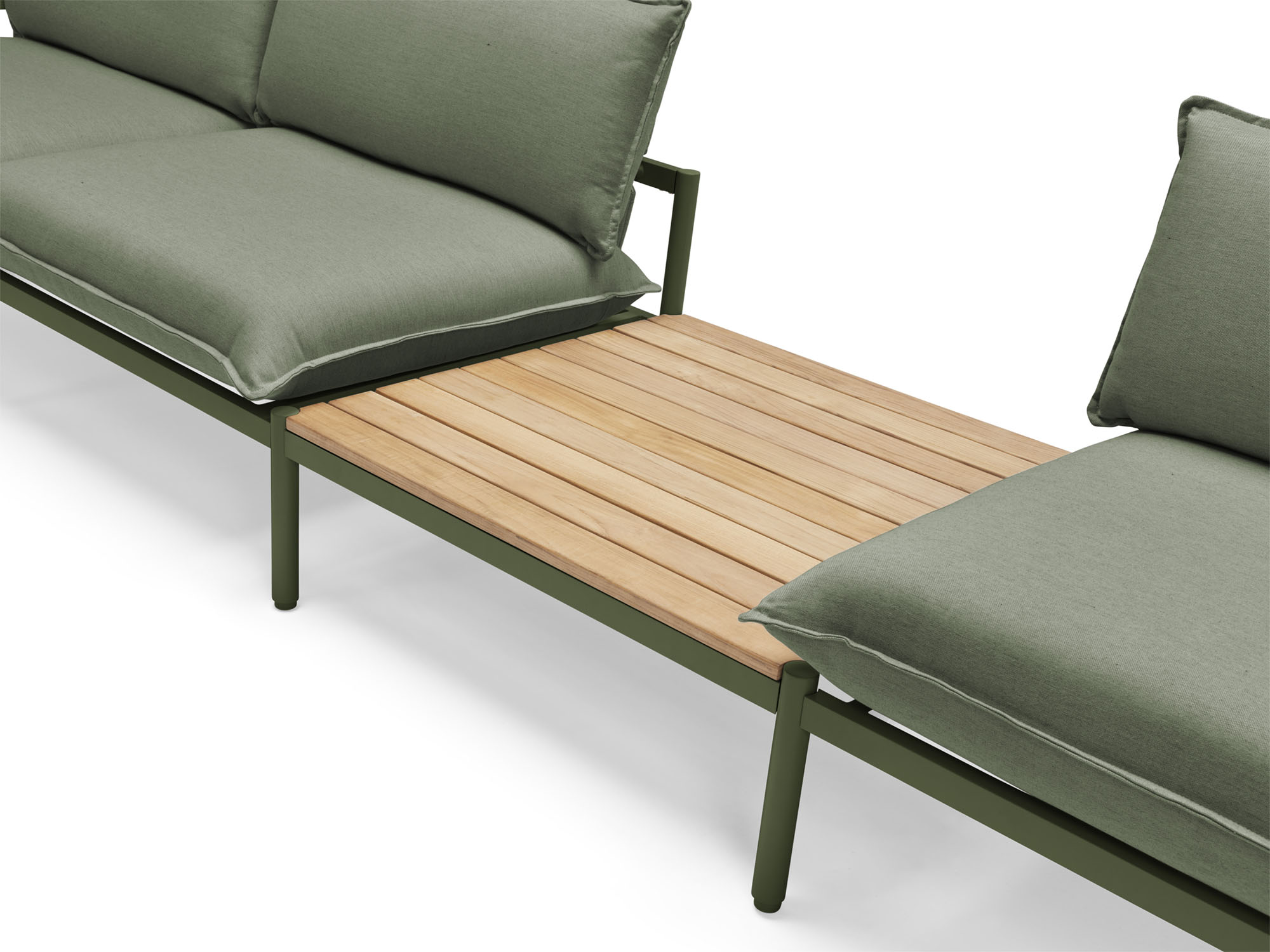 Front angle view of wood and green large outdoor end table